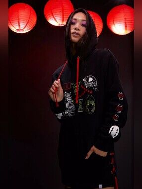 Studio Ghibli Spirited Away Icons Hoodie in Black & Red Size L